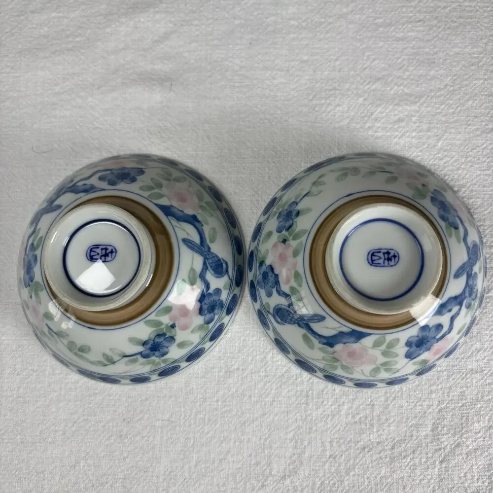 Vintage Asian Porcelain Rice Bowls Set of 2 Blue Bird Floral Footed Bowls